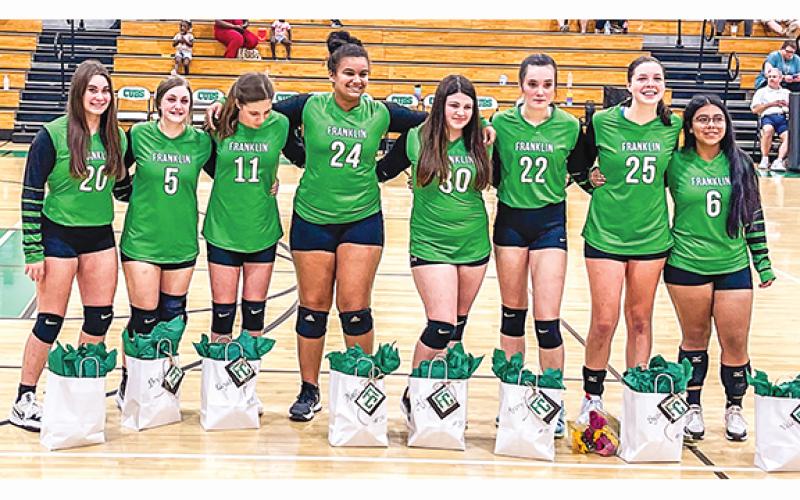 Eighth grade membes of the Franklin County Middle School Lady Cubs volleyball team members recognized Sept. 7 were (from left) Mallie Kate Underwood, Bryleigh White, Elizabeth Stratton, Kallie Thrift, Alyssa Gaddis, Avery Burton, Sydney Carson and Valeria Aragon.