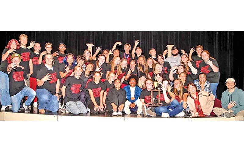 The cast and crew of the Franklin County High School One Act Play production of “Sweeney Todd, School Edition” celebrate their fourth consecutive Region 8AAA championship Saturday in the Telford Center for the Fine and Performing Arts. (Photo courtesy of Blake Rackley)