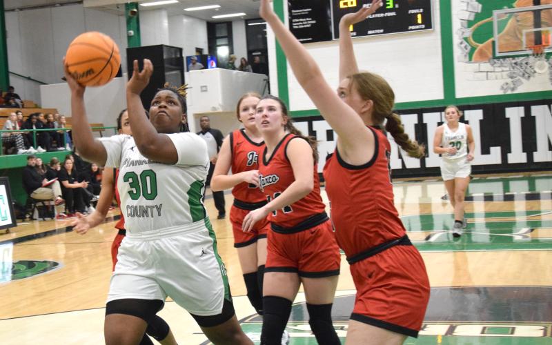 Myah Strange puts up a shot against Jackson County in action Friday in the Lion’s Den. She scored nine points in the game despite missing time due to injuries. (Photos by Scoggins)