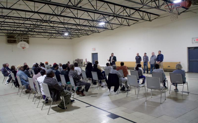 Mayor Courtney Umbehant and Lavonia City Council members Michael Schulman, Jeremy Madden, Eddie Floyd and Andrew Murphy led a town-hall forum last week at the Spring Street Gym about code enforcement and the future of the Spring Street Park. (Photo by Raese)