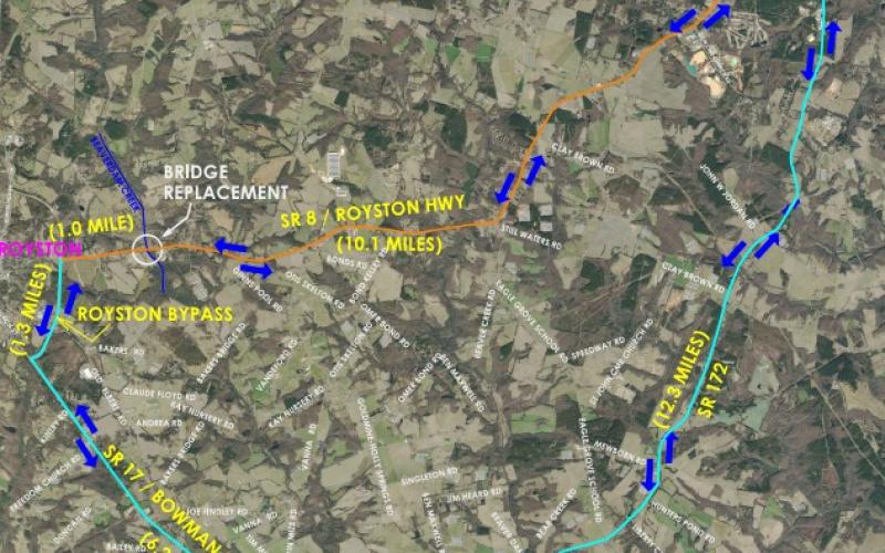 U.S. Highway 29 between Royston and Hartwell will be closed beginning Tueday as contractors work to replace the bridge over Beaverdam Creek.