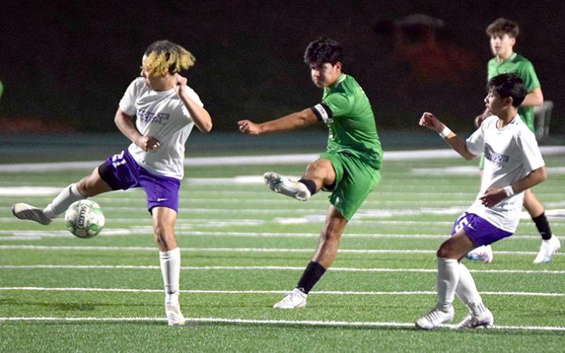 Omar Guadarrama launches a kick that found the net for a goal Tuesday against Monroe Area. (Photos by Scoggins)