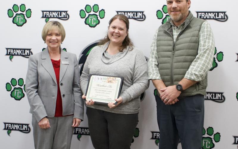 The Franklin County Board of Education honored Heather Elo (center) Tuesday for being named the Georgia Engineering and Technology Education Association’s (GETEA) 2023-24 Middle School Teacher of Excellence at the GETEA conference Feb 2-3.