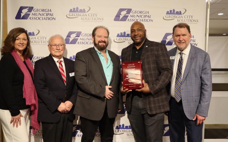 The City of Royston was recognized recently by the Georgia Municipal Association as a City of Civility. Pictured during the presentation are (from left) Young Harris Mayor Andrea Gibby, GMA President Randall Walker, Royston Council Member Tony McCollum, Royston Mayor Keith Turman and GMA CEO and Executive Director Larry Hanson.