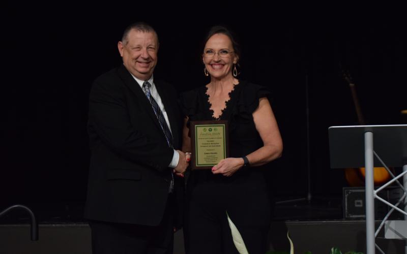 Emmanuel University President Greg Hearn was honored Thursday as the 2024 recipient of the Franklin County Chamber of Commerce’s Charles E. Bradshaw Good Citizen Award at the chamber’s annual Gala and Awards at the Swails Center. Rachel Howington, the chamber’s executive director, presented the award. Hearn is a longtime active community and business leader and was named president of Emmanuel last year.