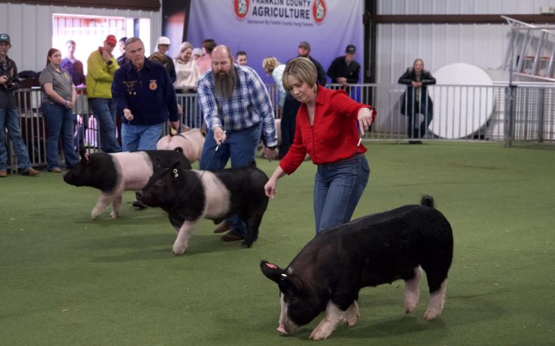 Franklin County High School Assistant Principal Kevin Compton won the Administrator Showdown Saturday at the Franklin County Local Livestock Show. Also participating in the show were Franklin County School Superintendent Melanie Burton-Brown; school board members Alan Mitchell, Kent Hall and Gary Minyard; Assistant Superintendent Carl Dekker; Deputy Superintendent Karen Correia; FCHS Assistant Principal Natalie Erskine; Franklin County Middle School Assistant Principal Meredith Kilgore; Lavonia Elementary P