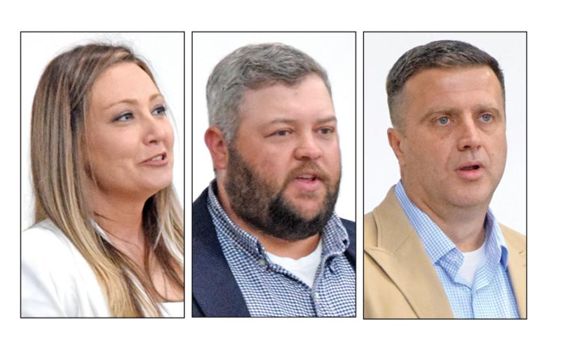 Candidates for chairman of the Franklin County Board of Commissioners – (from left) Courtney Long, Colt Hart and Nic McFarlin – took part in a candidates’ forum Saturday sponsored by the Franklin County Republican Party at Franklin County High School. Candidate Joe Greene could not attend due to being out of town for a family obligation.