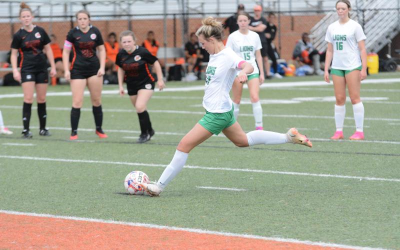 Lady Lion Haleigh Beard takes a penalty kick against Hart County Friday. Beard and the Lady Lions will play to keep their playoff hopes alive Tuesday against Stephens County at FCHS. (Photo by Benjamin London of The Hartwell Sun)