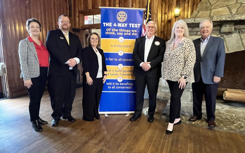 North Georgia Technical College student Christie Campbell and Adult Education Department instructor Randy Wood were recognized as the 2024 NGTC Adult Education student and instructor of the year at the recent Habersham Rotary meeting. Pictured are (from left) NGTC Vice President of Economic Development Leslie McFarlin,  Wood, Campbell, Rotary President Bradley Cook, NGTC Dean of Adult Education Shelby Ward and NGTC President John Wilkinson.
