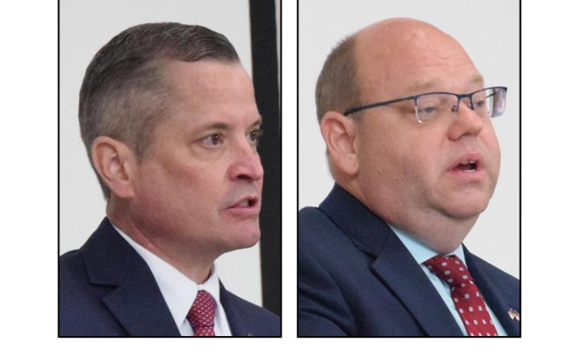 Northern Judicial Circuit District Attorney candidates Parks White (left) and David Jordan spoke and answered questions March 23 at a Republican Party forum at Franklin County High School.
