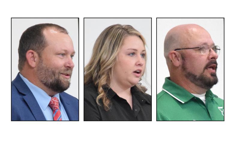 Incumbent Cody Grizzle (left) is being challenged by Crystal Buffington Nelms (center) and Bo Cornwell (right) for chief magistrate judge in the May 21 election. They spoke March 23 at a Republican Party candidates’ forum at Franklin County High School.