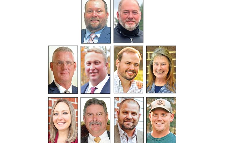 (Top row) Magistrate Judge Cody Grizzle won reelection Tuesday, while Jason Oliver won the Post 1 seat on the Franklin County Board of Education. A June 18 runoff will be needed in races for sheriff between Scott Andrews and Brian Stovall, commission chairman between Courtney Long and Joe Greene, Commission District 1 between Tyler Owenby and Wanda Thompson and Commission District 2 between Cory Pulliam and Sam Freeman.