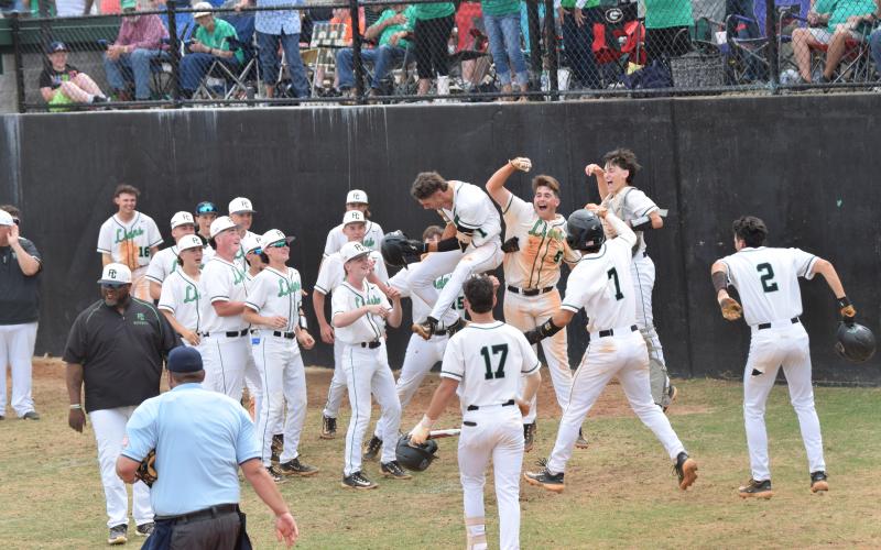 A photo of the 2023 Franklin County Lions celebrating a home run won first place for Best Sports Feature Photo.