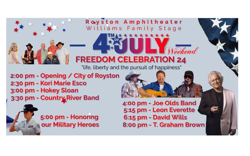 A full afternoon and evening of entertainment will be on stage Saturday at the City of Royston’s Freedom Celebration 24.  The free concert, being held in partnership with Georgia Legends Concert of Royston, will begin Saturday at 2 p.m. at the amphitheater at the Royston Wellness and Community Park. 