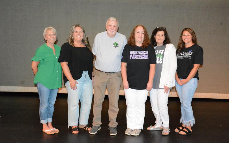 Support Person of the Year honorees were (from left) Phyllis King of FCHS, Hollie Duncan of FCMS, district winner Anthony Hart of the transportation department, Paula Malia of South Franklin Elementary, Elizabeth Potter of Carnesville Elementary and Jamie Simpson of Lavonia Elementary.