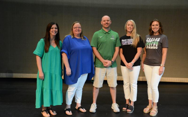 Teacher of the Year honorees were (from left) Amanda Hart of FCMS, Tammy Lathan of Lavonia Elementary, district winner Josh Smith of FCHS, Misty Moore of South Franklin Elementary and Stephanie Ellis of Carnesville Elementary. (Photos by Eavenson)