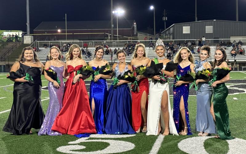 Members of the Franklin County High School 2024 Homecoming Court are (from left) sophomore Mallory Williams, senior Kayla Parker, sophomore Mia Patterson, freshman Isabella Burgess, senior Brooke Davitt, senior Lenox Roberts, Homecoming Queen Haylee Vu, freshman Brooke Tate, junior Jaiden Silva and junior Cadance Forster.