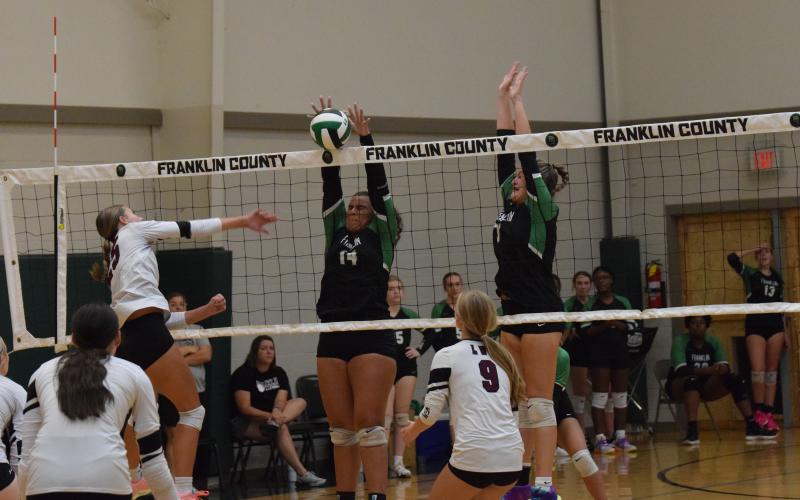 Franklin County Lady Lion Kallie Thrift goes up for a block in action against Chestatee Thursday at Rocky Ford Park. (Photo by Scoggins)