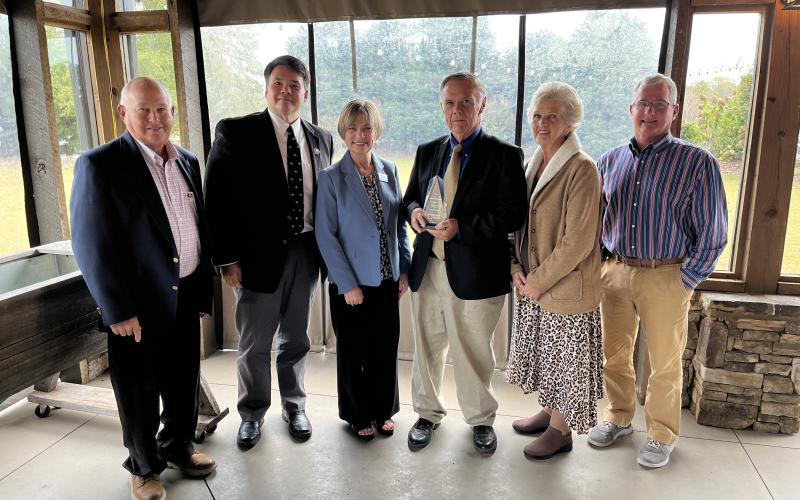 Attending the presentation of the Pioneer in Education Award to Gary Minyard in Cleveland were (from left) Gary Farmer, Franklin County School System Technology Director Dr. Andrew Fowler, Superintendent Melanie Burton-Brown, Minyard, wife Libby  and school board member Kent Hall.