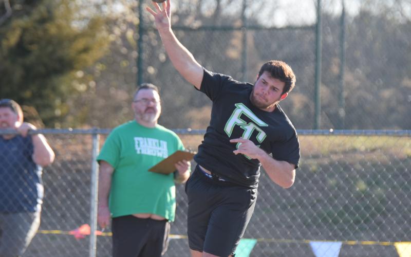 Knite Forster throws a shot during the Franklin County Season Opener meet last week at Jeff Davis Field at Ed Bryant Stadium. (Photo by Scoggins)