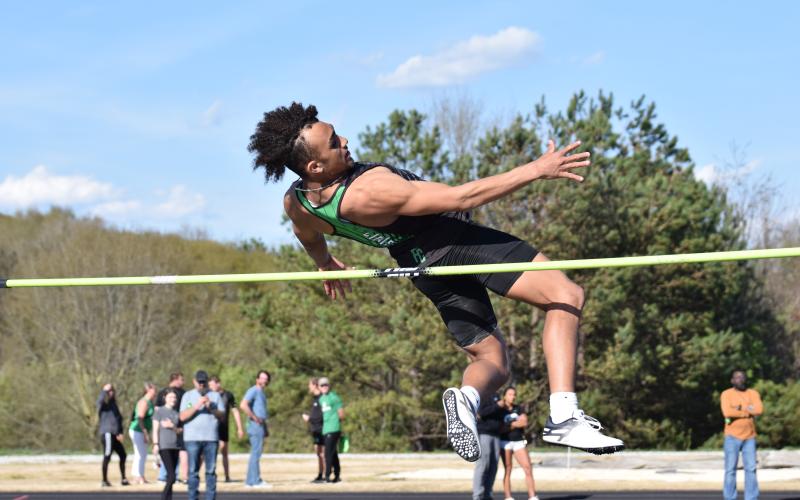 Franklin County senior Nevaehan Ware participates in the high jump Tuesday at the Franklin County Senior Night meet at Jeff Davis Field at Ed Bryant Stadium. Ware won the event with a height of 6’. (Photo by Scoggins)