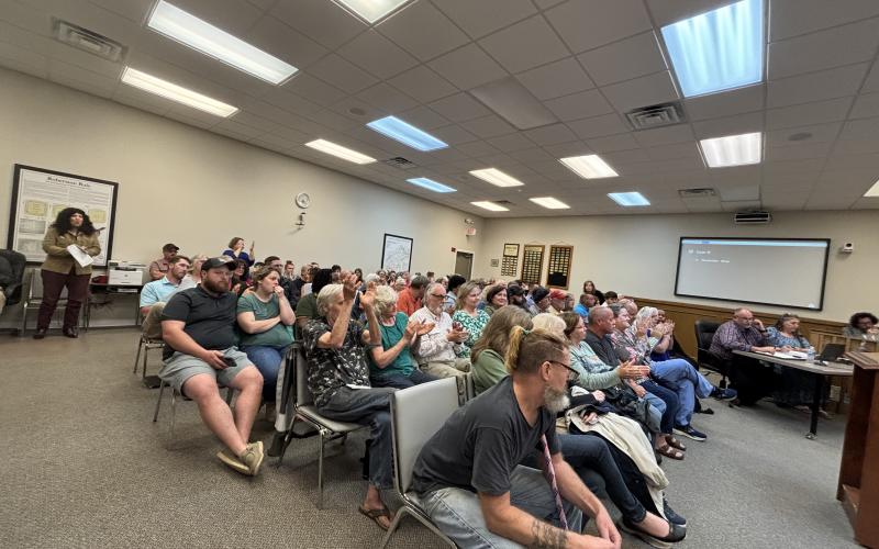 An estimated 220 people came to the Franklin County Board of Commissioners meeting Monday at the Franklin County Justice Center. Seating in the meeting room were full and people stood in the hallway and the parking lot. (Photo by Scoggins)