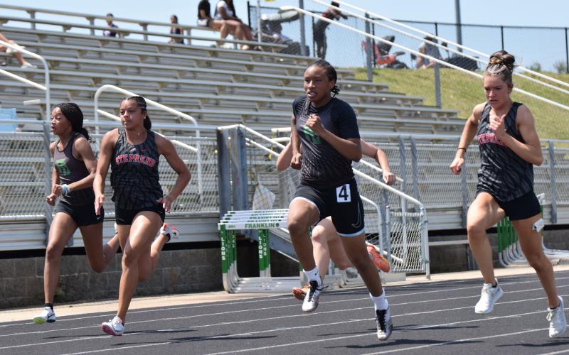 Franklin County track athletes Candler Stone, Megan Hightower, TaKiaha Winkfield (above) and Nava Ware won multiple Region 8AA championships Saturday at Jeff Davis Field at Ed Bryant Stadium. (Photos by Scoggins)