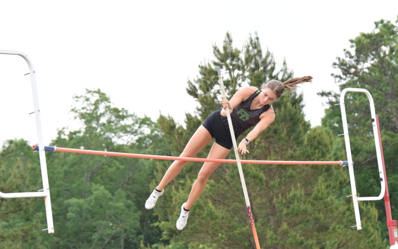 Franklin County track athletes Candler Stone, Macy Moore (above) and Will Gipson won Georgia State Championships over the weekend at the state Class AA track meet in Commerce. Moore took home gold in pole vault.  (Photos by Scoggins)