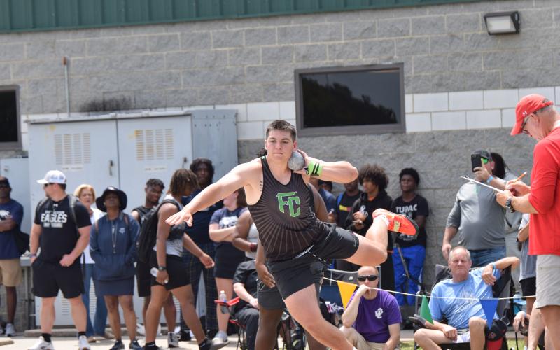 Franklin County track athletes Candler Stone (above), Macy Moore and Will Gipson won Georgia State Championships over the weekend at the state Class AA track meet in Commerce. Stone won the  shot put.  (Photos by Scoggins)
