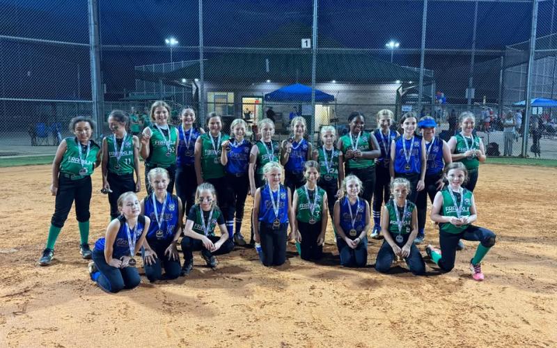 Members of the District 7 champion Franklin County Little League Sandlot Softball team are Sariyah Blackwell, Rhyan Farmer, Kamilla Richardson, Palmer Burns, McKenah Fulghum, Ellie Kendrick, Ansley Moon, Liv Kilgore, Ensley Patrick, Olivia Fowler, Dessie Human and Sadie Daniels. The team is managed by Sarah Farmer and coached by Mackenzie Burns and Myca Richardson.