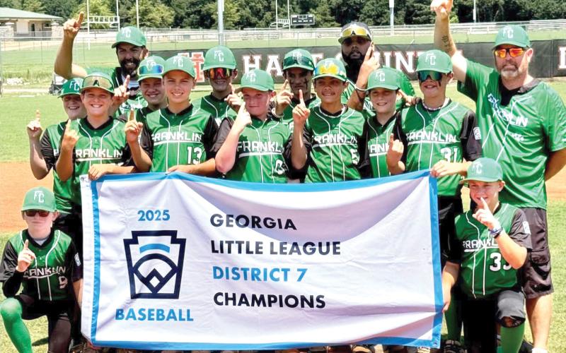 Members of the Franklin County 12-and-Under All Stars are Brooks McGee, Knox Richardson, Caden Freeman, Aydan Threlkeld, Kysen Dove, Boston Kilgore, Wyatt Veal, Rylen Haley, Jayson Lipscomb, Max Westbrook, Tyson Fuller and Cooper Pardue. The team is managed by Kristopher Dove, who is assisted by coaches Myca Richardson and Larry Ballenger. (Photo courtesy of Franklin County Little League)
