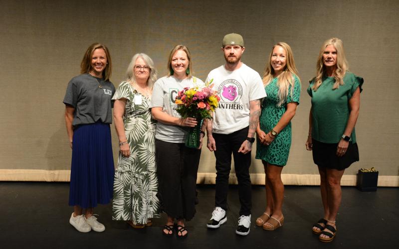 Support Persons of the Year recognized were (from left) Kristine Smith of Lavonia Elementary,  Marie Rogers of the Transportation Department, district-winner Kayla-Dale Moore of Carnesville Elementary, Cory Gibson of South Franklin Elementary, Whitley Davis-Comeau of FCMS and Sheri Coulter of FCHS.