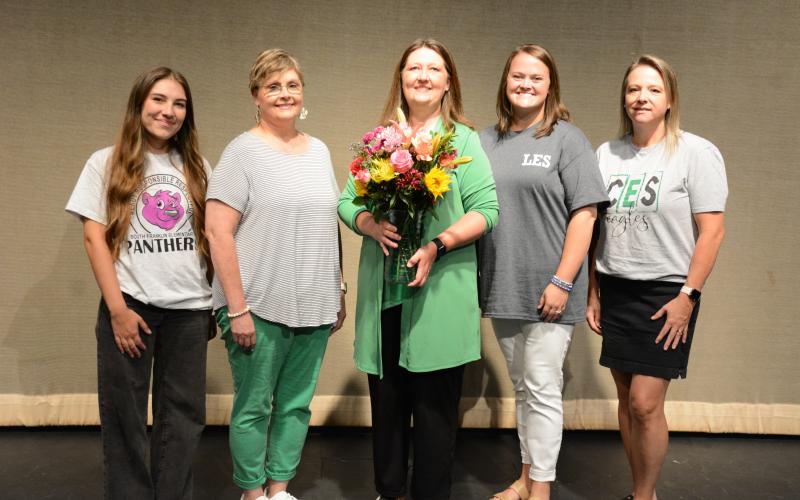 Teachers of the Year recognized Monday were (from left) Ivy Kellerman of South Franklin Elementary; Tammy Melton of Franklin County High School; Karen Moreland for Franklin County Middle School, who was named the district-wide winner; Christy Grizzle of Lavonia Elementary; and Jodi Zayas of Carnesville Elementary. (Photos by Charlie Eavenson)