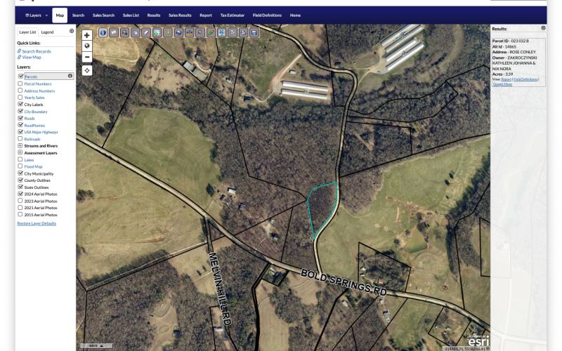 A request to rezone 3.59 acres (bordered in white) on Rose Conley Road from Rural Residential to Heavy Industrial zoning was denied Monday by the Franklin County Board of Commissioners. (Map courtesy of the Franklin County Tax Assessor’s QPublic webpage)