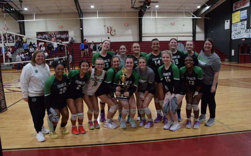 The Franklin County Lady Lions celebrate after finishing as runners-up in the Region 8AA volleyball tournament. Members of the team are Mia Altreche, Enslee Stowers, Molly Fitzgerald, Allison Carroll, Bryleigh White, Callie Frady, Chandler Johnson, Epiphany Mayfield, Sydney Carson, Kallie Thrift, Arrihanna Linder, Brooklyn Smith, Avery Burton and Brooklyn Smith. The team is coached by Amber Adams and Erin Burton.