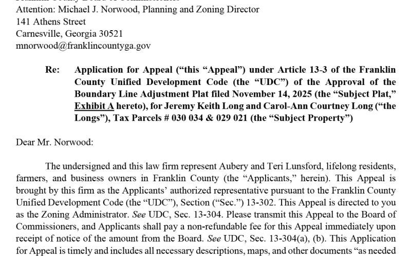 A decision by the Franklin County planning director to give Franklin County’s commission chair and her family the go ahead to finish construction on a poultry house has been appealed.