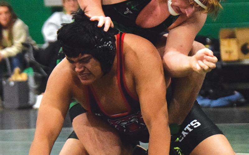 Ramsey Fulbright works to turn a Rabun County opponent during the final home match of the season Tuesday in Carnesville. (Photo by Shane Scoggins)
