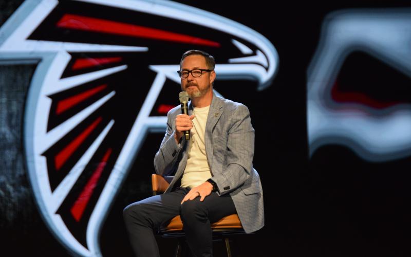 Franklin County native Greg Beadles, pictured speaking last year in Franklin Springs, was promoted Monday to president and CEO of the Atlanta Falcons.