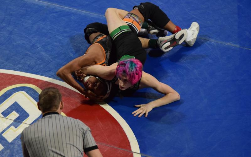 Colt Carroll works to pin an opponent during his run to a state runner-up finish at 106 pounds in the GHSA Traditional Wrestling Tournament held over the weekend in Morrow. (Photo by Shane Scoggins)