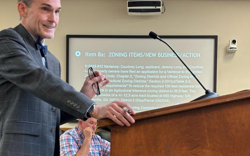 Franklin County attorney Ken Jarrard speaks to commissioners during a debate Monday over a variance request made by Chairman Courtney Long and her family. (Photo by Shane Scoggins)