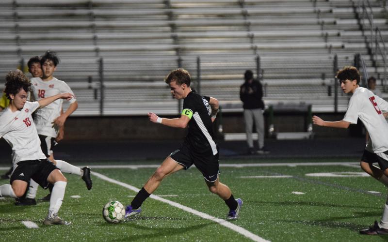 Eli Cooling led Franklin County in a game Friday against Madison County at FCHS. Cooling tied the school record for career goals in the Madison County game and then broke the record Tuesday against Towns County in Hiawassee. (Photos by Shane Scoggins)