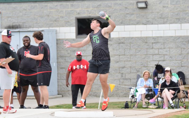 Candler Stone (pictured in action from last season) took first in both the shot put and discus at the Battle of the Blue Ridge meet at Habersham Central Friday.