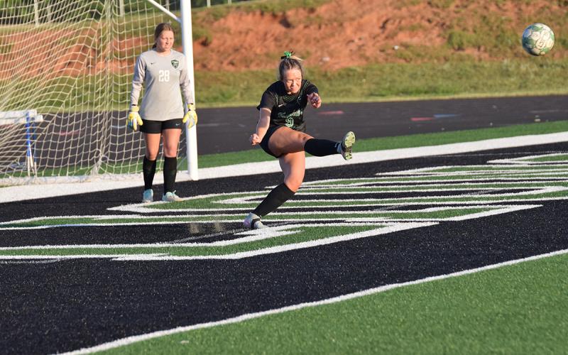 Olivia Shelton launches the ball during a goal kick in Tuesday’s 2-1 Lady Lions’ victory over Seneca at Jeff Davis Field at Ed Bryant Stadium. (Photo by Shane Scoggins)