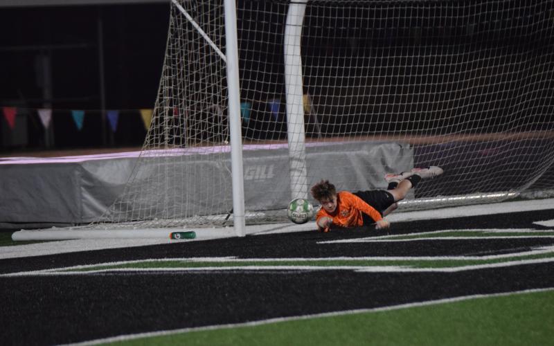 Freshman Ryland Lowery stops a Morgan County penalty shot during Franklin County’s first-round state playoff victory Friday at Jeff Davis Field at Ed Bryant Stadium. (Photo by Shane Scoggins)