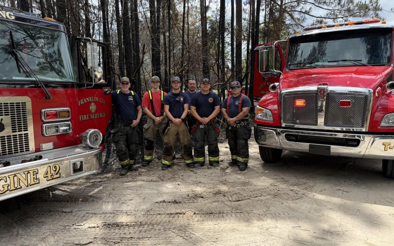 Among the area firefighters helping to battle the South Georgia wildfires are (from left) Gene Davis, Conner Anderson, Isaac Hall, Benji Jones, Sean Cowan and Brady Roberts. Not pictured are Eli Brown, Ryan Vaughn, Jason Williams, Steve Brown, Zach Neese and Landon Bruce. Five of Franklin County’s fire departments sent tanker trucks to be used in shuttling water to Georgia Forestry Commission brush trucks.