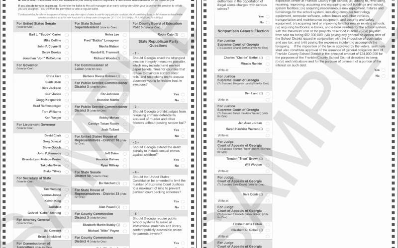 Early voting for the May 19 primaries will open Monday at the Franklin County Elections and Registration Office in Carnesville. Voters in the primary will have to choose from the ballots for the Republican primary (pictured) and Democratic primary. All local races are on the Republican ballot.