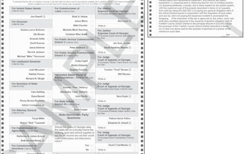 Early voting for the May 19 primaries will open Monday at the Franklin County Elections and Registration Office in Carnesville. Voters in the primary will have to choose from the ballots for the Republican primary and Democratic primary (pictured). All local races are on the Republican ballot.