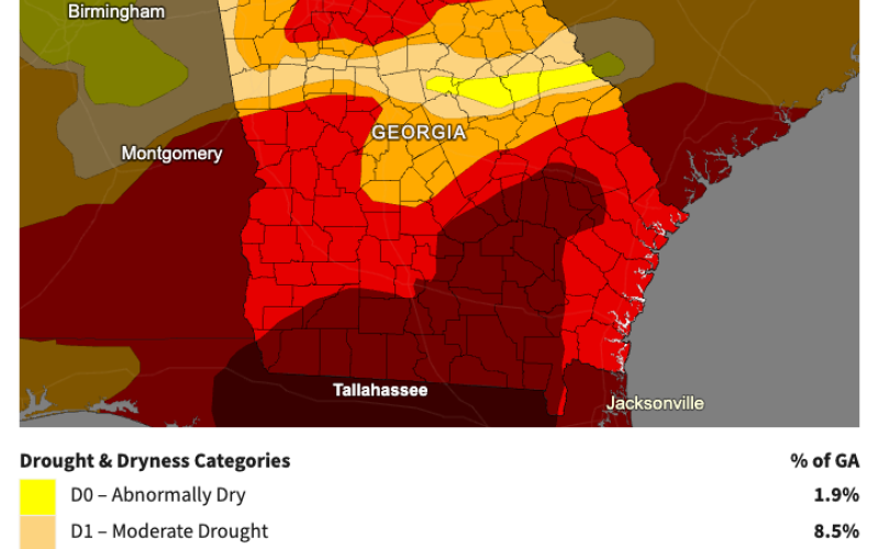 The U.S. Drought Monitor shows Franklin County and most of Georgia is at least at “extreme drought” levels.