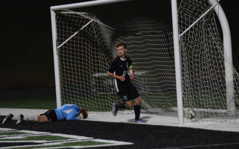 Eli Cooling, who was recently named All-Region 8AA Player of the Year, reacts after a goal in Franklin County’s first ever state playoff game victory.