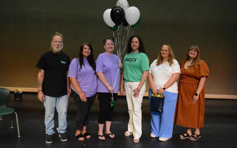 Support Persons of the Year from each Franklin County School were honored Monday during the system’s Convocation at FCHS. Honored were (from left) Rich Schwab of the Transportation Department, Bailey Willis of South Franklin Elementary School, System-wide Support Person of the Year Stephanie Martin of Franklin County High School, Paula Redden of Carnesville Elementary School, Andrea Goff of Lavonia Elementary School and Breana Wise of Franklin County Middle School.